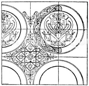 Textilmuster: Stoffmuster aus dem 12. Jahrhundert.Original Seide und Gold, gefunden in einem Grab der Abtei St. Gennain de Prés. Paris. (Racinet) [Digital]