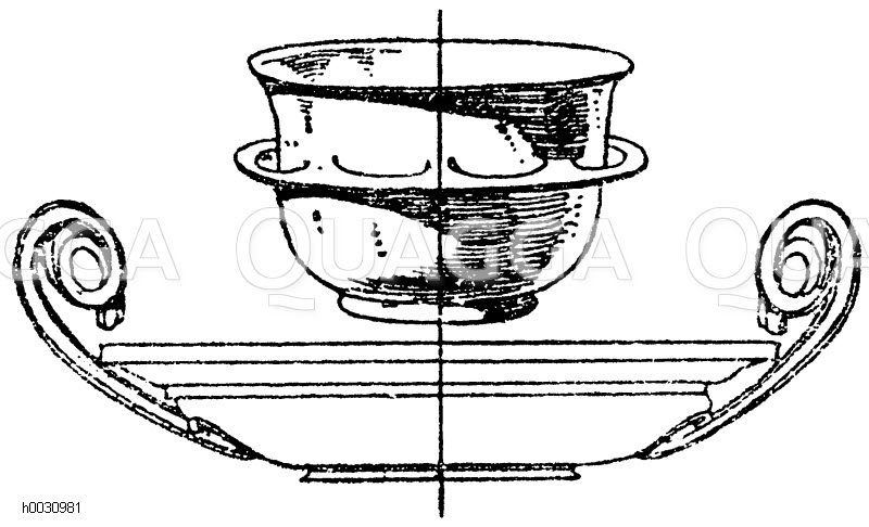Römische Schüssel aus Glas mit durchbrochenem Henkelring. Gefunden in der Normandie. (Deville). Antike Metallschale mit hohen Volutenhenkeln. (Menard et Sauvageot) [Digital]