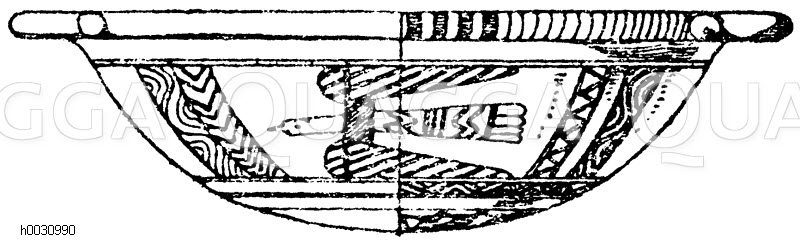 Griechische Schüssel aus gelbem Ton. Braun und rot bemalt. Geometrischer Stil. Vereinigte Sammlungen in Karlsruhe. [Digital]