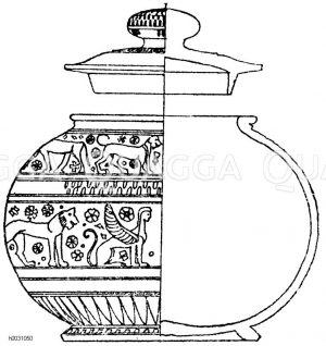 Antike Büchse aus gelbem Ton, braun und rot bemalt. Dies ist die sog. Dodwellvase, berühmt als erst gefundenes der dem asiatisierenden Stil angehörigen Gefäße. Ausgegraben bei Korinth [Digital]
