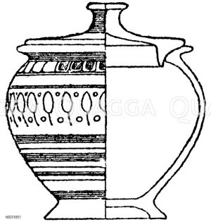 Antike Büchse aus gelbem Ton, rot und braun bemalt. Vereinigte Sammlungen in Karlsruhe. [Digital]