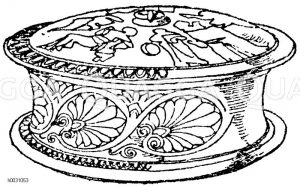 Antike Büchse aus bemaltem Ton. Der späteren Zeit des rotfigurigen Stils angehörig. Ring aus Metall. Museum in Berlin. [Digital]