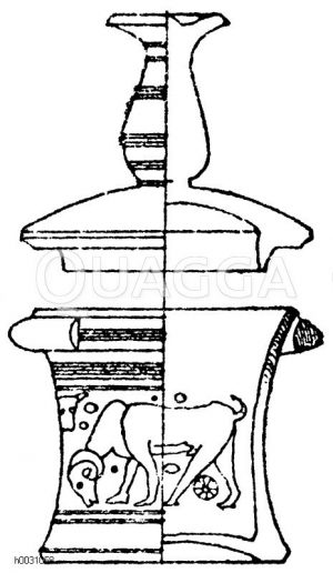 Antike Büchse mit einer kleinen Kylix als Deckel. Gelber Ton, braun und rot bemalt, asiatiserend. Vasensammlung in München. (Lau) [Digital]
