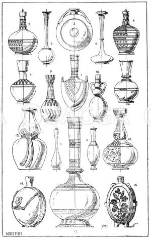 1. Ägyptische Flasche ohne Fuß mit zwei kleinen Strickhenkeln zum Befestigen. 2. Antike Feldflasche von Linsenform. Roter, unbemalter Ton.Vereinigte Sammlungen in Karlsruhe. 3. Antikes Fläschchen in geschlagener Bronze mit Deckel und Ring. Sammlung Castellani. 4. Antikes Fläschchen in geschlagener Bronze mit Deckel und Ring.Vereinigte Sammlungen in Karlsruhe. 5.-7. Japanische Bronzeflaschen. 8. Persische Flasche aus Ton. 9.-11. Ägyptische Flaschen aus unglasiertem grauem Tor. Vereinigte Sammlungen in Karlsruhe. 19. Jahrhundert. 12. Chinesische Flasche aus blauem Porzellan. (Lievre). 13. Persische Flasche aus tauschiertem Metall. (L'art pour tous) Verzierungen zum Teil weggelassen. 14. Feldflasche aus Schmiedeisen, 25 Liter haltend. 15. Jahrhundert Museum Cluny in Paris. 15. Ungarische Feldflasche aus bunt glasiertem Ton. Landesgewerbehalle Karlsruhe. 19. Jahrhundert. 16. Majolikaflasche mit bunter, plastischer Ornamentik. Englisches Fabrikat. Landesgewerbehalle Karlsruhe. 17. Französische Blumenvase in Flaschenform. Grünglasierter Ton. 19. Jahrhundert. [Digital]