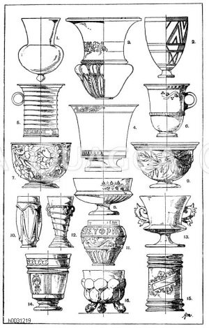 1. Assyrische Becherform, von einem Relief. 2. Assyrischer Becher aus bemaltem Ton. 3. Antiker Becher aus Silber mit teilweiser Vergoldung. Gefunden in Ithaka. 4. Antiker Becher aus Ton von der Form Kalathos. Gefunden in Athen. Der Mantel ist figural bemalt. 5. Antiker Becher aus schwarz bemaltem Ton. Vereinigte Sammlungen in Karlsruhe. 6. Antiker Becher aus rotem Ton, schwarz bemalt. Vereinigte Sammlungen in Karlsruhe. 7. Antiker Becher aus getriebenem Silber. Gefunden in Pompeji, jetzt in Neapel. 8. Kleiner antiker Becher, ursprünglich mit Grubenschmelz verziert. Antik. Zum Hildesheimer Silberfund gehörig. Berliner Museum. 9. Antiker Becher in Silber getrieben. Zum Hildesheimer Silberfuncl gehörig. Museum in Berlin. 10. Antiker Becher aus grünem Glas, Gefunden in der Normandie. (Deville). 11. Antiker Becher aus Glas. (Deville). 12. Altdeutscher Becher aus Glas. 13. Venezianischer Glasbecher. Britisches Museum. 14. Altdeutscher Becher aus Steinzeug. 15. Altdeutscher Becher aus Steinzeug. 16. Kugelbecher aus gebuckeltem Metall. Deutsche Renaissance. [Digital]