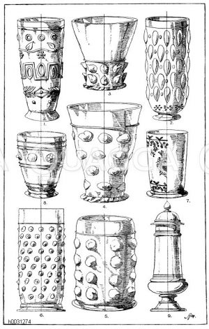 Humpen: 1. Römisches Glas in Humpenform. Gefunden in Pompeji. (Deville). 2. Römisches Glas in Humpenform. Gefunden in Pompeji. (Deville). 3. Altdeutscher Humpen aus grünem Glas. 4. Altdeutscher Humpen aus grünem Glas. 5.-6. Altdeutsche Glashumpen. 7. Altdeutscher Wappenhumpen. (Friedrich). 8. Humpen aus braunem Glas. 9. Humpen aus bemaltem braunen Glas. (Keller-Leuzinger). 19. Jahrhundert. [Digital]