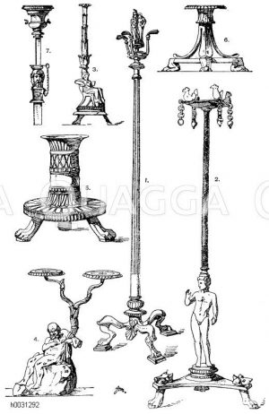 Kandelaber: 1. Antiker Bronzekandelaber zum Aufhängen von Lampen (lychnuchus, lampadarium), gefunden in Pompeji, Museum in Berlin. 2. Elruskischer Bronzekandelaber,,Bibliothèque Nationale, Paris. 3. Antiker Bronzekandelaber, gefunden in Chiusi. (Ménard et Sauvageot). 4. Antiker Lampenträger aus Bronze, gefunden in Herkulanum. 5. Antiker Bronzekandelaber, zur Aufnahme einer Kerze oder Fackel bestimmt. (Ménard et Sauvageot). 6. Niedriger Lampenträger (candelabrum humile) aus Bronze. Im Museum zu Neapel. 7. Obere Partie eines antiken Bronzekandelabers mit Vorrichtung zum Verschieben, gefunden in Herkulanum. [Digital]