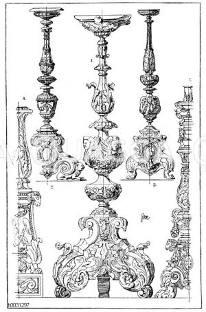 Kandelaber: 1. Altarleuchter in Kandelaberform aus der Benediktinerkirche in Villingen. Holz, vergoldet und versilbert. Deutsche Spätrenaissance. Original 1,15 m hoch. 2. Bronzekandelaber aus dem Ende des 10. Jahrhundert Ital. Renaissance. 3. Altarleuchter aus der Certosa bei Pavia, 17. Jahrhundert Ital. Renaissance. (Musterornamente). 4. Kandelaber aus der Medicäerkapelle in San Lorenzo in Florenz. Ital. Renaissance. 5. Bronzekandelaber. Ital. Renaissance. Im Bargello in Florenz. [Digital]