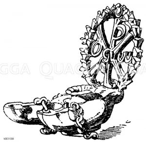 Altchristliche Bronzelampe mit dem Monogramm Christi, zum Aufhängen eingerichtet. Aus den Katakomben Roms. [Digital]