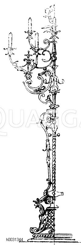 Großer mehrarmiger Standleuchter aus Schmiedeisen, entworfen von Architekt C. Zaar, ausgeführt von Schlossermeister Puls in Berlin. (Gewerbehalle) Hälftig dargestellt. [Digital]