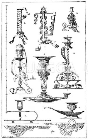 1.-3. Renaissance-Handleuchter aus Schmiedeisen. 17. Jahrhundert. 4.-5. Handleuchter aus Schmiedeisen von Schlossermeister Puls in Berlin. 19. Jahrhundert. 6. Handleuchter, entworfen von P. Fauré in Paris. (Gewerbehalle). 19. Jahrhundert. 7. Handleuchter von origineller Form, in Messing ausgeführt.19. Jahrhundert. 8. Handleuchter in Messingguss. 19. Jahrhundert. [Digital]