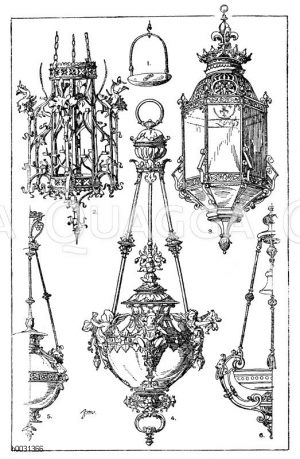 1. Alte maurische Hängelampe aus Eisen. Vereinigte Sammlungen in Karlsruhe. 2. Offene, mittelalterliche Laterne aus Schmiedeisen, für mehrere Kerzen bestimmt. Deutsche Arbeit (Formenschatz). 3. Treppenlaterne aus dem Hotel Vogué in Dijon. Französische Renaissance. 17. Jahrhundert. (L'art pour tous). 4. Elektrische Glühlichtlampe, entworfen von Ciseleur Peter in Eßlingen. (Gewerbehalle). 5.-6. Hängelampen von Architekt Schütz in Berlin. (Gewerbehalle). 19. Jahrhundert. [Digital]