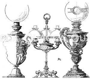 links: Petroleumlampe mit verdecktem Ölbehälter von Bildhauer Piat in Paris. Cuivre poli (Messingguss). (L'art pour tous). rechts: Petroleumlampem mit verdecktem Ölbehälter von Paul Stotz in Stuttgart. (Bronzeguss) (Gewerbehalle). mitte: Petroleumlampe mit 3 Flammen von Bauinspektor Böhringer in Stuttgart. (Gewerbehalle) [Digital]