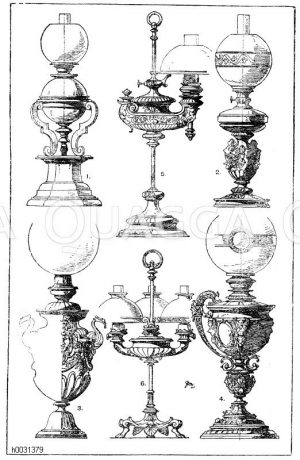 1.-2. Petroleumlampen mit sichtbarem Ölbehälter. 3. Petroleumlampe mit verdecktem Ölbehälter von Bildhauer Piat in Paris. Cuivre poli (Messingguss). (L'art pour tous). 4. Petroleumlampem mit verdecktem Ölbehälter von Paul Stotz in Stuttgart. (Bronzeguss) (Gewerbehalle). 5. Petroleumlampe in cuivre poli. Sog. „Vestalampe". Berlin. 6. Petroleumlampe mit 3 Flammen von Bauinspektor Böhringer in Stuttgart. (Gewerbehalle) [Digital]