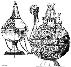 links: Rauchfässer aus der Renaissancezeit, rechts: Romanisches Rauchfaß aus Bronze. Französische Arbeit. Anfang des 13. Jahrhunderts. 18 cm hoch. (Viollet-le-Duc) [Digital]