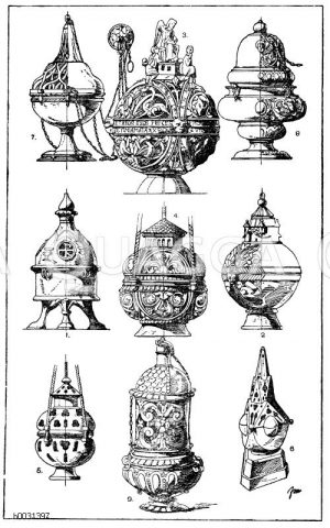 1.-2. Romanische Rauchfässer aus Bronze. Aus dem 6. u. 12. Jahrhundert. Je 19 cm hoch. Großherzogliche Hofantiquarium in Mannheim. 3. Romanisches Rauchfaß aus Bronze. Französische Arbeit. Anfang des 13. Jahrhunderts. 18 cm hoch. (Viollet-le-Duc). 4.-5. Frühgotische Rauchfässer von steinernen Statuen an der Kathedrale zu Chartres. 13. Jahrhundert. (L'art pour tous). 6. Gotisches Rauchfaß mit turmartigem Deckel. 7.-8. Rauchfässer aus der Renaissancezeit. 9. Renaissance-Rauchfaß. South-Kensington-Museum in London. [Digital]