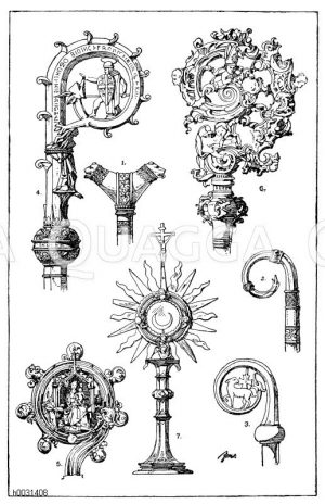 1. Romanischer Bischofstab (des Bischof Gerard von Limoges, gest. 1022). 2.-3. Romanische Bischofstäbe. 4. Bischofstab aus der Zeit des Übergangs vom romanischen zum gotischen Stil (13. Jahrh). Französisch. (L'art pour tous). 5. Oberer Teil eines gotischen Bischofstabes nach Martin Schongauer. Ende des 15. Jahrhunderts. (Wessely). 6. Bischofstab im Rokokostil. In Elfenbein geschnitzt. 7. Monstranz aus vergoldetem Messing. Pfarrkirche in Hotzendorf. 58 cm hoch. [Digital]