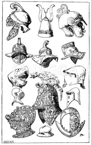 1. Griechischer Helm aus Bronze. Campana-Sammlung. (L'art pour tous). 2. Etruskischer Helm aus Bronze. Campana-Sammlung. (L'art pour tous). 3. Römischer Helm aus Bronze. Louvre in Paris. (Ménard et Sauvageot). 4.-6. Römische Gladiatorenhelme in verschiedener Ansicht. Bronze. (Ménard et Sauvageot). 7. Mittelalterlicher Topfhelm (salade) aus Eisen. 8. Mittelalterlicher Kübelhelm (heaume) aus Eisen. (Der kreuzförmige Einschnitt dient zum Einhaken der Helmkette). 9. Mittelalterlicher Stechhelm oder Turnierhelm aus Eisen. 10. Mittelalterlicher Visierhelm aus Eisen. 11. Mittelalterlicher Spangenhelm oder Rosthelm aus Eisen. 12. Renaissance-Sturmhaube (morion) aus geätztem Eisen. 13. Burgunderhelm nach einer alten Handzeichnung, deutsche Renaissance. 14. Renaissance Prunkhelm. Mitte des 16. Jahrhunderts. (L'art pour tous) [Digital]
