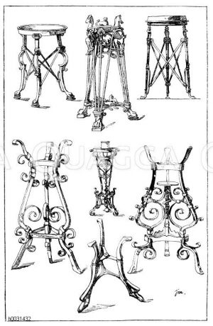 1. Antiker Dreifuß aus Bronze. Gefunden in Pompeji, Museum in Neapel. Etwa 70 cm hoch. 2. Römischer Dreifuß aus Bronze. (Ménard et Sauvageot). 3. Etruskischer Dreifuß aus Bronze. Museum in Berlin. 4. Mittelalterlicher Dreifuß aus Bronze. Schloß Pierrefonds. (Viollet-le-Duc). 5.-6. Schmiedeiserne Dreifüße. Italienische Renaissance. 17. Jahrhundert Circa. (L'art pour tous). 7. Dreifuß aus Schmiedeisen. Ständer für einen Weinkühler. Entworfen von Architekt Zaar, ausgeführt von Schlossermeister Puls in Berlin. (Gewerbehalle). 19. Jahrhundert. [Digital]