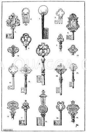 1. Antiker Schlüssel, gefunden in Pompeji. (Blümner, das Kunstgewerbe im Altertum). 2. Römischer Schlüssel aus Bronze, gefunden am Hohenkrähen. Vereinigte Sammlungen in Karlsruhe. 3. Romanischer Schlüssel aus Bronze. Vereinigte Sammlungen in Karlsruhe. 4.-5. Renaissance-Schlüssel aus dem 16. Jahrhundert. (Kunst und Gewerbe). 6.-8. Renaissance-Schlüssel und Schlüsselgriffe im Museo Medio Evo e Rinascimento in Rom. (Gewerbehalle). 9. Renaissance-Schlüssel nach Guichard. 10. Renaissance-Schlüssel im South-Kensington-Museum in London. 11.-12. Schlüssel aus dem 16. Jahrhundert. Deutsche Renaissance. 13.-14. Schlüsselgriffe aus dem 18. Jahrhundert. Nach P. Decker. (Wessely). 15.-19. Schlüssel und Schlüsselgriffe, entworfen von Architekt Otto Girard in Berlin. (Gewerbehalle). 19. Jahrhundert. [Digital]