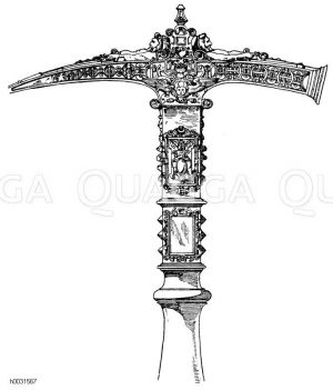 Zeremonienhammer aus vergoldetem Silber. Ital. Renaissance. 16. Jahrhundert. Von Gregor XIII. an Herzog Ernst von Bayern geschenkt. Später in Landshut im Privatbesitz. Jetzt im Nationalmuseum in München. Unter dem emaillierten Wappen steht die Inschrift: Julius III. Pont, Max. Jubiläum VIII condidit feliciter MCCCCCL. Das Relief der Rückseite zeigt Moses, Wasser aus dem Felsen schlagend, darunter die Worte: Percussit petram et fiuxerunt aquae. (Kunsthandwerk) [Digital]