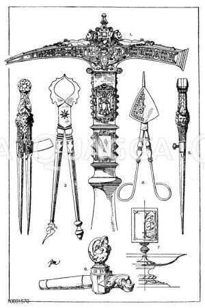 1. Zeremonienhammer aus vergoldetem Silber. Ital. Renaissance. 16. Jahrhundert. Von Gregor XIII. an Herzog Ernst von Bayern geschenkt. Später in Landshut im Privatbesitz. Jetzt im Nationalmuseum in München. Unter dem emaillierten Wappen steht die Inschrift: Julius III. Pont, Max. Jubiläum VIII condidit feliciter MCCCCCL. Das Relief der Rückseite zeigt Moses, Wasser aus dem Felsen schlagend, darunter die Worte: Percussit petram et fiuxerunt aquae. (Kunsthandwerk). 2. Eiserne Zange. Deutsche Arbeit. Germanisches Museum in Nürnberg. 3. Lichtputzer aus Messing. Deutsche Renaissance. Germanisches Museum in Nürnberg. 4 -5. Vorder- und Seitenansicht eines Zirkels.Bronze, ziseliert, graviert und vergoldet. Deutsche Renaissance. 16. Jahrhundert Halbe Originalgröße. 6. Faßhahn, in Messing gegossen und ziseliert. Deutsche Renaissance. 16. Jahrhundert. 30 cm lang. (Vorbilder für die Kleinkunst in Bronze). 7. Apparat zum Aufstecken schwedischer Streichhölzer, sog. Schwedenständer aus Messing. 19. Jahrhundert. [Digital]