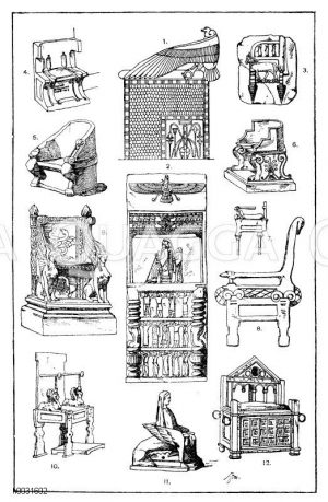 Thronsessel und Armsessel: 1. Ägyptischer Tronsessel mit Lotosornament, die Armlehnen durch die Flügel des heiligen Sperbers gebildet. (Teirich). 2. Altpersischer Königstron nach einem Flachrelief aus Persepolis, mit symbolischer Krönung, der Darstellung eines tronenden Königs und tragenden Sklaven. (Ménard et Sauvageot). 3. Assyrischer Königssitz nach einem Relief. (Ménard et Sauvageot). 4. Griechischer Sitz aus Marmor, neben einer Tür im Themistempel zu Athen. (Raguenet). 5. Griechischer Richtersessel (Proedra) aus Marmor. Gefunden auf dem Platze des Prytaneums zu Athen. 6. Antiker Armsessel aus einem Badegemach (sella balnearis), die Öffnungen zum Einlassen des Dampfes dienend. (Ménard et Sauvageot). 7. Fragment eines griechischen Armsessels. Vom Relief eines Grabmals, das die Verstorbene auf dem Thronos darstellt. 8. Griechischer Tronsessel. Relief am Harpyendenkmal des Xantos in Lykien. Britisches Museum. 9. Römischer Armsessel mit Sphinxen und auf den Cereskultus bezüglichen Verzierungen. (Ménard et Sauvageot). 10. Römischer Armsessel, gefunden in Herkulanum. Museum in Portici. (Raguenet). 11. Antike Terrakotta, einen originellen Armsessel in Form eines ausgehöhlten Sphinxleibes darstellend. (L'art pour tous). 12. Kathedrale des heiligen Petrus in der Peterskirche zu Rom. Holz mit Elfenbeinreliefs aus der Geschichte des Herkules. (Ménard et Sauvageot) [Digital]