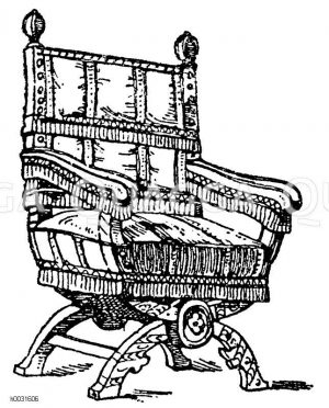 Englischer Armstuhl aus dem 16. Jahrhundert. Holz mit Stoffbezug. [Digital]