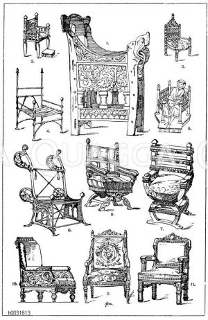 Thronsessel und Armsessel: 1. Norwegischer Kirchenstuhl aus Bö in Telemarken, 12. Jahrhundert. 2. Mittelalterlicher Armsessel mit Fußschemel und stoffbehangener Rücklehne. (Viollet-le-Duc). 3. Armsessel des Königs David, von einem Relief am Portal der Kathedrale zu Auxerre. 13. Jahrhundert. (Viollet-le-Duc). 4. Gestell eines mittelalterlichen Armsessels aus Eisen, der Stoff-behäng weggelassen. (Viollet-le-Duc). 5. Mittelalterlicher Polygonalsitz. Wandmalerei aus einer Kapelle in Toulouse. (Viollet-le-Duc). 6. Mittelalterlicher Armsessel aus Metall mit Weglassung des Stoffbehanges. 13. Jahrhundert. (Viollet-le-Duc). 7. Mittelalterlicher Armsessel aus Holz, mit Fransen geziert. Ende des 15. Jahrhunderts. Von einem Basrelief des Chorgestühls in Amiens. (Viollet-le-Duc). 8. Englischer Armstuhl aus dem 16. Jahrhundert. Holz mit Stoffbezug. 9. Armsessel im Stile Louis XVI. In Holz geschnitten und vergoldet. (Williamson). 10. Armsessel mit Polsterung. 19. Jahrhundert.11. Armsessel mit Polsterung. Gotisierend, von Mazaron und Bibalier in Paris. (Raguenet). 19. Jahrhundert. [Digital]