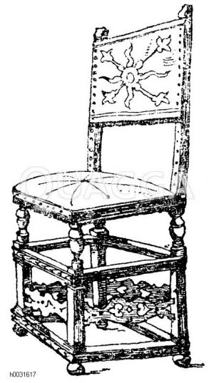 Stuhl mit Lederpolsterung. Niederländische Renaissance. Aus einer im Jahre 1642 erschienenen Publikation des Crispin van den Passe. [Digital]