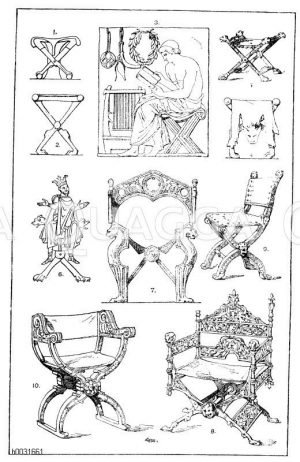 1. Ägyptischer Klappstuhl. Grab von Chamhali. 18. Dynastie. m2. Antiker Klappstuhl. (Diphros okladias). 3. Griechisches Relief vom Grabmal eines Agonotheten, den Verstorbenen auf dem Klappstuhl sitzend darstellend. Gefunden in Krissa. (Delphi). 4. Antiker Klappstuhl mit Fellbelag. 5. Mittelalterlicher Klappstuhl aus Nonnenberg. (Mothes). 6. Mittelalterliche Miniaturmalerei, den König Nabuchodonosor auf dem Klappstuhl darstellend. 9. oder 10. Jahrhundert (Viollot le-Duc). 7. Mittelalterlicher Klappstuhl aus vergoldeter Bronze. Tron des Dagobert, später ergänzt. 8. Mittelalterlicher Klappstuhl aus Bronze. 12. Jahrhundert. (Viollet-le-Duc). 9. Renaissance-Klappstuhl. 10. Armsessel aus der Kathedrale zu Sens. Französische Renaissance. (Raguenet) [Digital]
