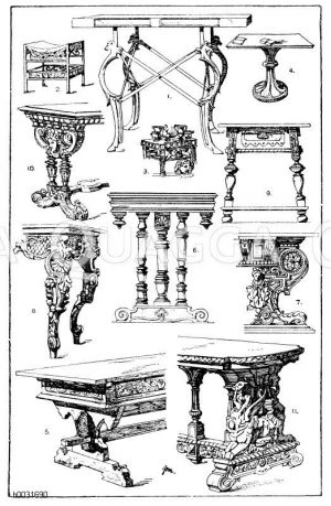 1. Antiker Tisch aus Bronze. Museum in Neapel. (Raguenet). 2. Antiker Tisch aus Bronze. (Ménard et Sauvageot). 3. Darstellung eines römischen Tisches, von einem antiken Trinkgefäß. (Kantharos des Ptolomäus). 4. Mittelalterlicher Tisch aus der Chronik Ludwigs XI. Nach Viollet-le-Duc. 5. Spätgotischer Tisch mit flach geschnitzten Zargen. Städtische Altertümersammlung in Freiburg i. B. (Schauinsland). 6. Tisch mit gedrehten Füßen. Französische Renaissance. 17. Jahrhundert. Schloß Bussy-Rabutin (Cote d'or). 7. Tisch mit geschnitzten Seitenwänden. Französische Renaissance. Nach dem Entwurf von Ducerceau. 8. Tisch aus dem 18. Jahrhundert. Gardemeuble. Paris. (Raguenet). 9. Tisch mit schrägen Füßen und aufgehängter Schieblade im Stil der Renaissance. 19. Jahrhundert. 10. Tisch mit Stirnwand und Stegverbindung. 19. Jahrhundert. 11. Französischer Tisch mit reich geschnitzten Seitenwänden und vier Säulenfüßen. Mazaroz und Bibalier. Paris. (Raguenet). 19. Jahrhundert. [Digital]