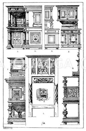 Büffetschränke und Kredenzschränke: 1. Kredenzschrank aus dem Anfange des 16. Jahrhundert Deutsche Renaissance mit gotischen Nachklängen. Baier. Nationalmuseum in München. 2. Seitenansicht eines Büffettschrankes aus der Gegend von St. Lo in der Normandie. 1580. Kensington Museum, London. (Musterornamente). 3.-4. Vorder- und Seitenansicht eines modernen Büffettschrankes, entworfen an der Kunstgewerbeschule Karlsruhe. 5.-6. Vorder- und Seitenansicht eines Büffettschrankes, entworfen an der Kunstgewerbeschule Karlsruhe. 7. Büffettschränkchen, entworfen von Ph. Niederhöfer in Frankfurt a. M. 19. Jahrhundert. 8. Mittelalterlicher Kredenzschrank (Anrichte) nach Viollet-le-Duc. [Digital]