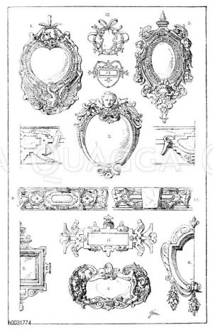 Kartuschen: 1.-4. Renaissance-Kartuschen. Schriftplatten aus Bronze von Grabmälern auf dem Johannisfriedhof in Nürnberg. (Gewerbehalle). 5.-6. Renaissance-Kartuschen. 17. Jahrhundert. Französisch. (L'art pour tous). 7.-10. Renaissance-Kartuschen vom neuen Schloß in Baden-Baden, 1576-1577. 11. Renaissance-Kartusche. Nationalbibliothek, Paris. (Raguenet). 12. Kartuschen im Stile der Renaissance. Französische Buchverzierungen. 19. Jahrhundert. 13. Kartuschen. [Digital]