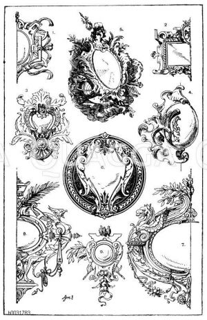 Kartuschen: 1. Renaissance-Kartusche. Französisch. 2. Renaissance-Kartusche. Aus dem Werk „Civitates orbis terrarum", verlegt bei P. von Brackel in Köln 1573. (Ysendyck). 3. Rokoko-Kartusche vom Louvre in Paris. (Raguenet). 4. Rokoko-Kartusche. Französisch. Über die Eckkante einer Mauer gestellt. (Raguenet). 5. Rokoko-Kartusche. Französisch. 6.-7. Kartuschen von Direktor G. Kachel. 19. Jahrhundert. 8. Französische Kartusche nach Liénard. 19. Jahrhundert. 9. Kartusche. 19. Jahrhundert. [Digital]