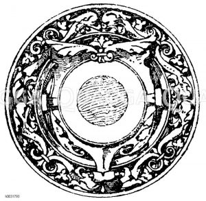 Kartuschenuhr oder Telleruhr, in Metall gedrückt. 19. Jahrhundert. [Digital]