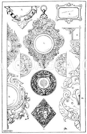 1. Kartuschenuhr in getriebenem Metall. Französische Renaissance. 2. Kartuschenuhr oder Telleruhr, in Metall gedrückt. 19. Jahrhundert. 3.-4. Motive zur Verzierung von Schlüsselschildchen, Dosendeckeln etc.,nach Wilhelm Visscher. 17. Jahrhundert. 5.-6. Schmiedeiserne Aushängeschild. C. Metze und Dorschfeldt in Dresden. 7. Verzierung eines Bucheinbandes. 16. Jahrhundert. Französische Renaissance. (L'art pour tous). 8. Intarsienmotiv von Ihne und Stegmüller in Berlin. (Gewerbehalle). 19. Jahrhundert. 9. Metallbeschläge einer Albumdecke. 19. Jahrhundert. 10. Schlüsselschild aus Schmiedeisen. Deutsche Renaissance. 16. Jahrhundert Nationalmuseum in München. 11. Mittelstück eines Bucheinbandes. Silber. Entworfen von Direktor C. Graff. Dresden. [Digital]