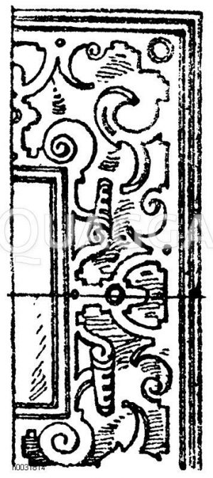 Architektonischer Rahmen: Umrahmungsornament im Stile der deutschen Renaissance. Füllung eines Schreibtisches von J. Pingel. 19. Jahrhundert. [Digital]