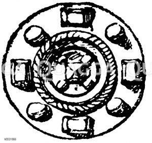 Etruskischer Knopf aus Gold, mit Steinen und Perlen. [Digital]