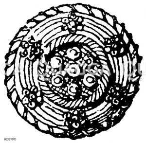 Knopf eines Frankfurter Knopfmachers aus dem 18. Jahrhundert, im Besitze des Herrn J. Werneck in Frankfurt a/M. Seide, Goldfäden und Flitter. (Kunsthandwerk) [Digital]