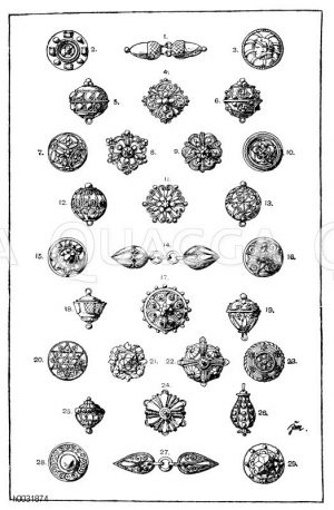 Knopf: 1. Antiker Doppelknopfaus Gold. Vereinigte Sammlungen in Karlsruhe. 2.-3. Etruskische Knöpfe aus Gold, mit Steinen und Perlen. 4, 5, 6, 7, 11, 12, 14, 15, 16, 17, 19, 27, 28 und 29. Knöpfe und Doppelknöpfe verschiedener Herkunft, aus Metall, in Filigranarbeit, emailliert u. s. w. Im Besitz von Professor Dr. Marc Rosenberg in Karlsruhe. 8.-9. Goldene Renaissanceknöpfe, emailliert und mit Perlen besetzt. K. Kronschatz in Berlin. (Luthmer). 10. Renaissanceknopf von einer Gürtelkette. Karlsruher Ausstellung 1881. 13. Filigranknopf. 19. Jahrhundert. 18. Emaillierter Renaissanceknopf. Nationalmuseum in München. 20 u. 23. Knöpfe eines Frankfurter Knopfmachers aus dem 18. Jahrhundert, im Besitze des Herrn J. Werneck in Frankfurt a/M. Seide, Goldfäden und Flitter. (Kunsthandwerk). 21. Renaissanceknopf nach einem Bilde in der Galerie zu Schleißheim. (Luthmer). 22 u. 24. Renaissanceknöpfe nach Bildern aus Wörlitz und Gotha. (Luthmer). 25. Silbernligranknopf aus Sumatra. Vereinigte Sammlungen in Karlsruhe. 26. Bommel von einem modernen Halsband. Nach A. Ortwein in Graz. (Gewerbehalle) [Digital]