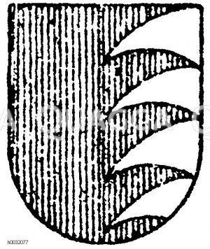 Heroldsbild: In Rot vier silberne Wolfszähne, vom Hinterrand kommend. [Digital]