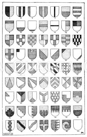 Heroldsbilder: 1. Gespalten von Schwarz und Gold. 2. Dreimal gespalten von Silber und Schwarz. 3. Rechte Seite, Rot in Silber. 4. In Rot ein goldener Pfahl. 5. In Silber ein schwarzer Stab. (Noch schmäler als Strichpfahl oder Faden). 6. Geteilt von Gold und Rot. 7. Viermal geteilt von Blau u. Silber. (In Blau 2 silberne Balken). 8. Ein blaues Haupt in Gold. 9. In Silber ein roter Fuß. 10. In Silber ein grüner Grund. 11. In Gold ein roter Balken. 12. In Silber eine schwarze Leiste (oder Binde). 13. Gespalten und halb geteilt von Silber, Blau und Gold. 14. Halbgespalten und geteilt von Schwarz und Rot über Silber. (Außerdem kommen vor: Halbgeteilt und gespalten sowie geteilt und halbgespalten). 15. Geviertet (quadriert) von Gold und Blau. 16. Ein Schach zu 9 Plätzen von Grün und Silber. 17. Geschacht von Gold und Rot. (Bei mehr als 16 Plätzen). 18. Geviertet, die Plätze 1 und 4 gespalten von Silber und Rot neben Gold. 19. Einmal geteilt und zweimal gespalten von Rot und Silber. 20. Einmal gespalten und viermal geteilt von Gold und Blau. 21. Geschindelt von Silber und Schwarz. 22. In Gold ein rotes Kreuz. 23. Schwarzes Freiviertel (Obereck) in Silber. 24. In Blau ein Ort von Hermelin. 25. Schräg rechts geteilt von Gold und Grün. 26. Schräg links geteilt von Silber und Blau. 27. Rechtes Schräghaupt von Schwarz in Gold. 28. In Silber ein linker Schrägfuß von Rot. 29. Rechter Schrägbalken von Rot in Gold. 30. Fünfmal schräg links geteilt von Blau und Silber. 31. Schräg geviertet von Grün und Silber. 32. Rechts geschrägt und halb gegengeschrägt neben Silber, von Grün und Gold. 33. Einmal schräg links, fünfmal schräg rechts geteilt von Schwarz und Silber. 34. Gerautet von Silber und Blau. 35. Geweckt von Silber und Blau. (Noch spitzer: gespindelt). 36. In Gold eine blaue Spitze. 37. Linke Seitenspitze von Silber und Blau. 38. Dreimal gespitzt vom rechten Obereck von Rot und Silber. 39. In Gold ein grüner Sparren. 40. Fünfmal gesparrt von Blau und Silber. 41. Gespalten und schräg geviertet von Rot und Silber. 42. Gestandert von Gold und Blau. 43. Blauer Ständer in Silber. (Rechter Oberständer). 44. Deichselteilung von Schwarz, Silber und Rot. 45. Göppelteilung von Gold, Silber und Blau. 46. Eine rote Deichsel in Silber. (Schacherkreuz). 47. Mit Spitzenreihen dreimal geteilt von Blau und Silber. 48. Mit einer rechten Stufe geteilt von Silber und Rot. 49. In Blau eine goldene Zinne. 50. In Gold eine abgetreppte Spitze von Schwarz. 51. Mit Stufen schräg rechts geteilt von Blau und Silber. 52. Mit Krücken gespalten von Silber und Blau. 53. Mit Kreuzzinnen geteilt von Gold und Rot. 54. Mit Spitzen zehnmal geteilt von Rot und Silber. 55. Mit Wolken geteilt von Blau und Silber. 56. Mit Schuppen geteilt von Gold und Schwarz. 57. In Silber ein geasteter grüner Pfahl. 58. Gezahnter rechter Schrägbalken von Schwarz in Gold. 59. In Silber ein linker Schrägfluss von Blau. 60. In Blau ein goldenes Kerbkreuz. 61. In Rot vier silberne Wolfszähne, vom Hinterrand kommend. 62. Im Schneckenschnitt geteilt von Blau und Gold. 63. Freischild oder Wartschild von Silber. u. s. w. [Digital]
