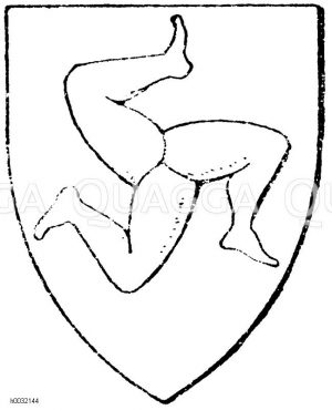 Wappen: Triquetra, 3 Beine mit gebogenem Knie regelmäßig um einen Punkt verteilt. (Die Figur findet sich bereits als Abzeichen auf antiken Schilden, wie griechische Vasengemälde zeigen) [Digital]
