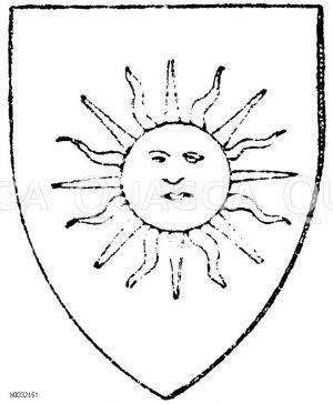 Wappen: Sonne, mit Gesicht und 16 abwechselnd geraden und geflammten Strahlen. Tinktur golden. [Digital]