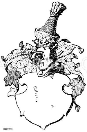 Helmzutaten: Sog. deutscher Schild mit Spangenhelm und einem Hut als Kleinod. (Braunschweig, 2 goldene Leoparden im roten Feld). Nach Siebmachers Wappenbuch. [Digital]