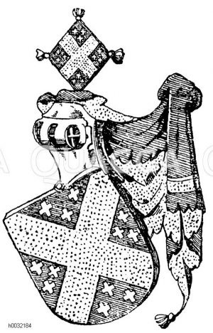 Helmzutaten: Rechtsgelehnter halbrunder Schild mit Spangenhelm, mantelartiger Decke und einem Kissen als Kleinod. (Merenbergisches Wappen). Nach Siebmachers Wappenbuch. [Digital]