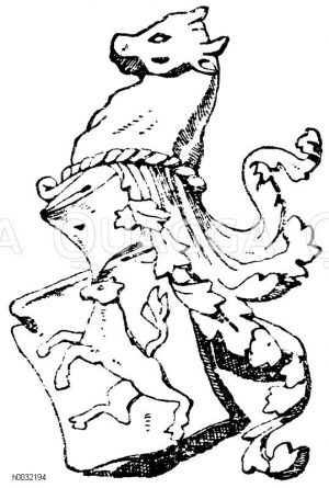 Helmzutaten: Rechtsgelehnte Tartsche mit Stechhelm und wachsendem Stier als Kleinod. Ital. Renaissance. Von einem Florentiner Palaste. [Digital]