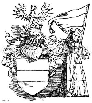 Wappen mit Dame als Schildhalter. Aus dem Triumphzug Kaiser Maximilians von H. Burgkmair. (Man bemerke die Wiederholung der Wappentinkturen am Kleid der Dame, am Helmkleinod und der Standarte) [Digital]