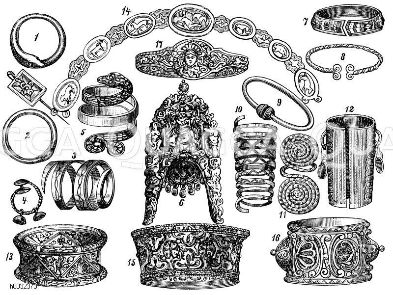 Armschmuck: 1) ägyptisch, 2) - 5) römisch, 6) persisch, 7) - 13) keltisch, 14) Armband der Diana von Poitiers, 15) im spanischen Stil, 16) venezianischer Armschmuck, Armschmuck im Renaissancestil